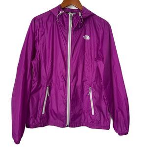 The North Face Windbreaker Jacket Women L Purple Hood Pocket Zipper Logo Cyclone